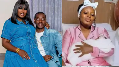Tọkọtaya Adedimeji pẹlu awọn ibẹta wọn ati aworan ọmọ lọwọ MoBimpe