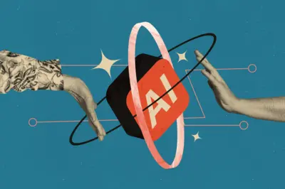 Composite trend artwork sketch image collage of intelligence assistant creative device internet icon ai hand gesture showing hold contact.
