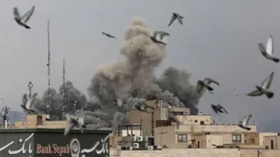 建物から黒煙が上がり、手前で鳥の群れが飛んでいる(2日、テヘラン)