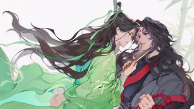 Ilustrasi yang memperlihatkan dua pria berkostum China kuno sedang berpelukan