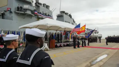 Ceremonia de llegada del USS Oscar Austin al puerto de Rota, 16 de octubre de 2024, en Rota, Cádiz (Andalucía, España).