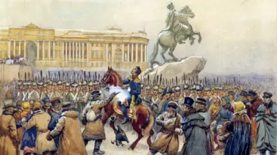 Картина, на которой изображено восстание на Сенатской площади, в центре Каховский стреляет в Милорадовича