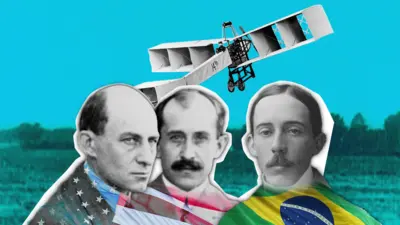 Colagem com imagens dos irmãos Wright, Santos Dumont e o 14-bis