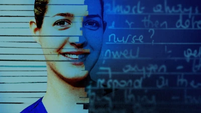 A graphical image of Lucy Letby with her face superimposed against some medical writing.