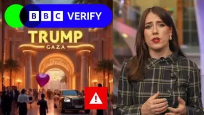 The left half of this image shows an AI-generated image of a white hotel with large pillars, and LED lights that read "Trump Gaza." A red label with a warning triangle has been added over the top and reads "AI-generated." The right-hand side of the image shows the ˿'s Social Media Investigations Correspondent Marianna Spring. She is wearing a grey checked dress, has long brown hair, and has a serious expression.