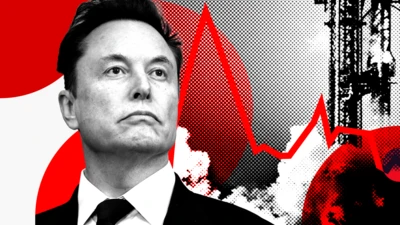 Imagem estilizada mostrando Elon Musk olhando para cima com um foguete atrás dele à direita e uma linha vermelha semelhante à de um gráfico de cotações de ações, contra um fundo vermelho, preto e branco.