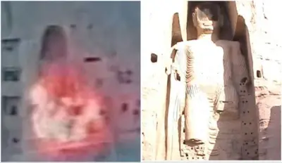  د بودا ۵۵ متره هسکه مجسمه له ویجاړېدو مخکې او وروسته