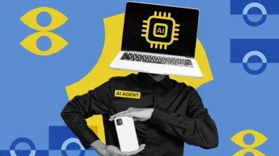 AI代理標誌的電腦在人頭位置，下方是人的身體，雙手舉著一隻手機。