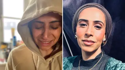 Foto dividida de Annika Waheed, de 42 años. A la izquierda, Annika lleva una sudadera blanca con capucha. Tiene los ojos cerrados y el rostro cubierto de lágrimas. A la derecha, está maquillada y sonríe a la cámara.