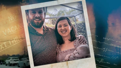 The Frost family at home in Tampa, Florida, a woman is holding her five month old baby, standing next to a man who is her husband