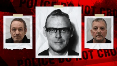A composite graphic on a red background printed with "Police do not cross". In the centre, a black-and-white 1984 portrait of Anthony Littler in glasses and a suit. On either side, police custody photographs of two middle-aged men in their 50s, his murderers