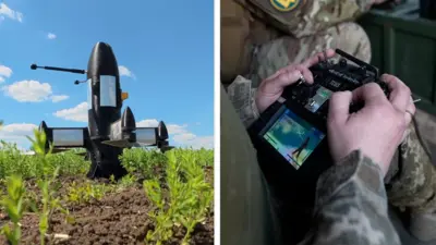 A composite image shows on the left an interceptor drone on the ground and on the right the hands of a soldier operating it.