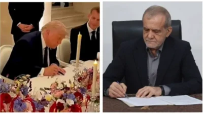 ترامپ و پزشکیان در حال امضای تفاهم‌نامه 