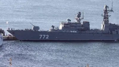 The Russian Neustrashimy frigate - a long, grey vessel with the number 772 printed on the side in white - in the water.