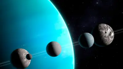 Artwork of Uranus and five of its moons