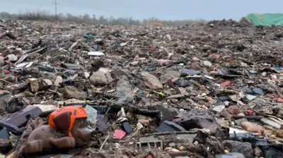 Um pequeno cachorro de brinquedo de plástico está sentado na beira de um enorme aterro sanitário, um monte de lixo misturado que desaparece na distância, onde o horizonte é pontilhado de árvores.