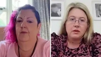Split-screen image of two people. On the left, a woman with dark hair with bright pink sections wears a light pink top and a beaded necklace, seated indoors near a window with curtains. On the right, a person with light-coloured hair and glasses wears a patterned top, seated indoors against a wall with framed photographs in the background.