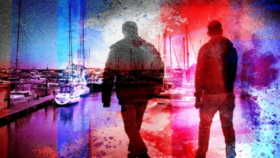 Two walking men in silhouette are superimposed over a vibrant marina scene.