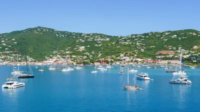 Mavi sularla çevrili bir koyda demirlemiş beyaz tekneler, önünde beyaz binalarla bezeli yeşil, ağaçlarla kaplı tepeler yer alıyor.