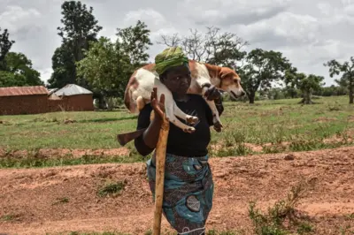 Une femme porte son chien sur l'épaule alors qu'elle marche dans la banlieue de Mangu, près de Jos, dans l'État du Plateau au Nigeria, le 20 mai 2023. 