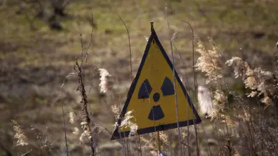 Sarı arka plan üzerine siyah renkli radyasyon uyarı levhası. 