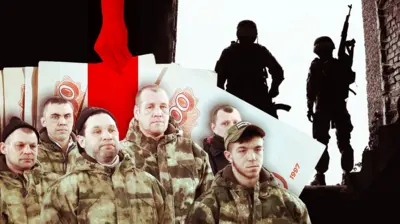 Коллаж: мужчины в военной форме на фоне денег и черных силуэтов людей с оружием