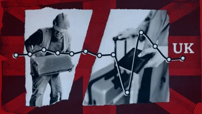 Composición con un gráfico de la economía británica sobre un trabajador de la construcción.