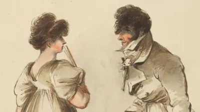 Desenho de homem e mulher se olhando com roupas antigas, ela segurando um leque