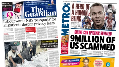 A composite image of the front page of the Guardian and the front page of the Metro, with stories on Labour's NHS plans and Sir Chris Hoy