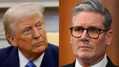 Composite of Donald Trump wearing a blue suit and red tie and Sir Keir Starmer wearing a dark suit