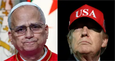 Montagem do Papa Leão 14 e de Donald Trump.