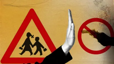 İllüstrasyon: Öğrencileri gösteren tarfik işareti, silaha dur diyen bir el