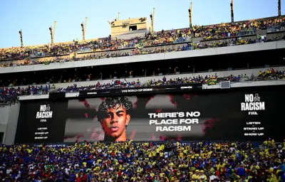 A general view as the screen displays a "Stop The Hate" and "No Racism" message during the FIFA World Cup 2026 Group C match between Brazil and Haiti at Philadelphia Stadium on June 19, 2026 in Philadelphia, Pennsylvania.