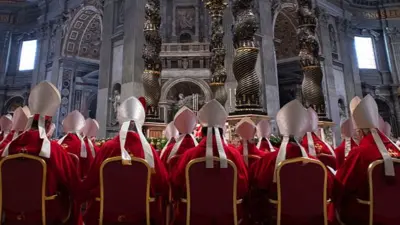 Cardinals at a mass during nine days of mourning for late Pope Francis, in St. Peter's basilica at the Vatican 