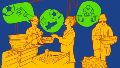 Ilustración en la que se ve a tres personas en un mercado y tienen bocadillos de diálogo de los que no salen palabras, sino imágenes relacionadas con fútbol.