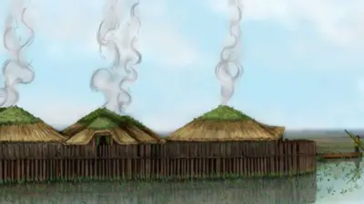 Artist's impression of three of the huts at the Bronze Age settlement, Must Farm