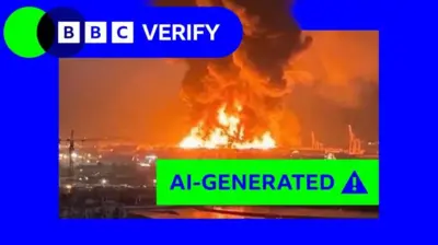 آتش‌سوزی عظیم درون کادر آبی رنگ با لوگوی بی‌بی‌سی وریفای