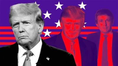 Three stylised depictions of Donald Trump at various stages of his life. The recent photo of him on the left is in greyscale. Behind this here are two red-tinted versions of him in his 30s and 50s. The background features a purple American flag with white stars and red stripes.