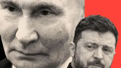 Una imagen montada de Vladimir Putin y Volodymyr Zelensky.