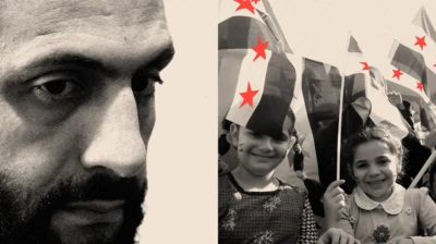 احمد شرع در چپ تصویر - دختران سوری در راست تصویر پرچم سوریه به دست دارند