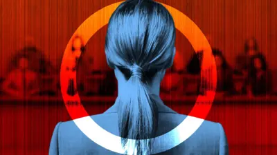 Back view of woman wey get long hair on ponytail, she dey wear dark suit, dey stand for blurred red background wey look like court or official panel. Dem frame am inside circle graphic element, some part red and white, wey make am get dramatic and symbolic effect. di vibe dey serious and tense, fit be about legal matter or justice.