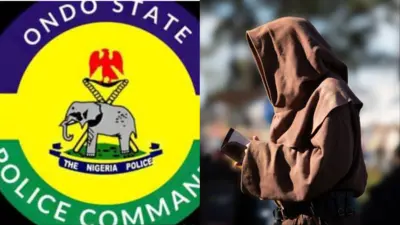 Aworan idanimọ ẹka ileeṣẹ ọlọpaa ni ipinlẹ Ondo ati aworan arakunrin kan to wọ aṣọ adabolẹ to bo ori ati oju rẹ, o si mu iwe dani.