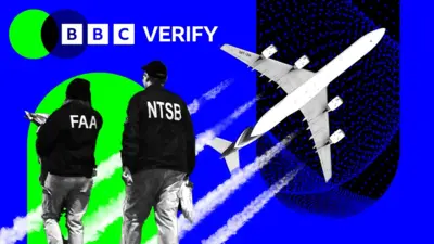 Sebuah gambar desain menunjukkan penyelidik kecelakaan udara AS berjalan dengan latar belakang biru. Dua jet terbang, dan logo BBC Verify ada di sudut atas.