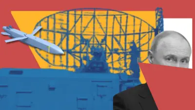 Колаж зображення Путіна, ракети і машини РЛС