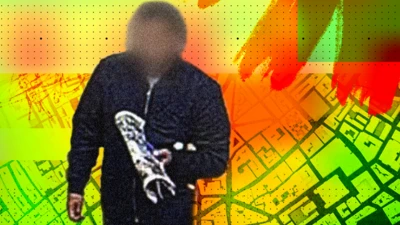 Photographic collage illustration showing a blurred image of a man taken from CCTV against a yellow coloured map background.