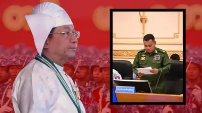 တိုက်ပုံဝတ်ထာတဲ့ဦးမင်းအောင်လှိုင်နဲ့ ယူနီဖောင်းဝတ်ထားတဲ့ ဗိုလ်ချုပ်ကြီးရဲဝင်းဦးကို စစ်တပ်နောက်ခံနဲ့ သရုပ်ဖော်ထားပါတယ်။