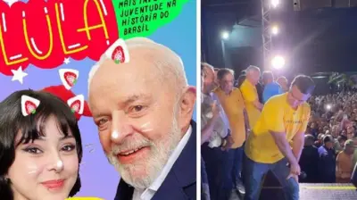 Montagem mostra Lula ao lado de uma jovem com orelhas de gatinho. A outra foto mostra Flavio Bolsonaro dançando funk