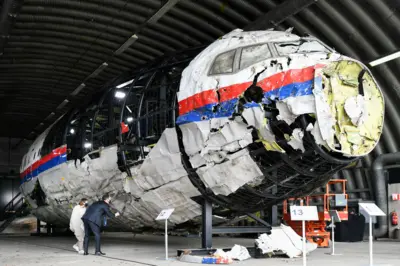 The reconstructed wreckage of Malaysia Airlines Flight MH17 in Netherlands