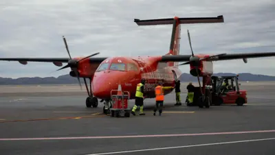 A small plane at Nuuk Airport in Greenland.