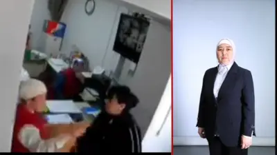 Оштогу окуянын чоо-жайы тартылган видеодон алынган кадр жана ур-токмокко кабылганын айткан мугалим.